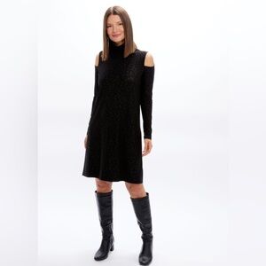 Sympli Turtle Neck Cut Out Shoulder Dress Style 28150ej3 Black Midi Animal Print